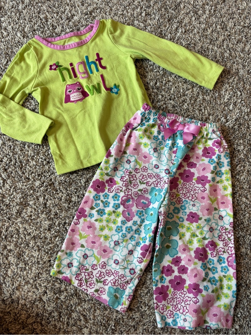 Gymboree Lime Green Owl Pajama Set with Pink Floral Pants